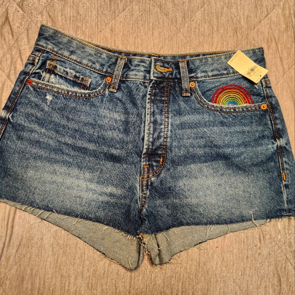 Old Navy Blue and Red Jean Shorts with Rainbow Embroidery